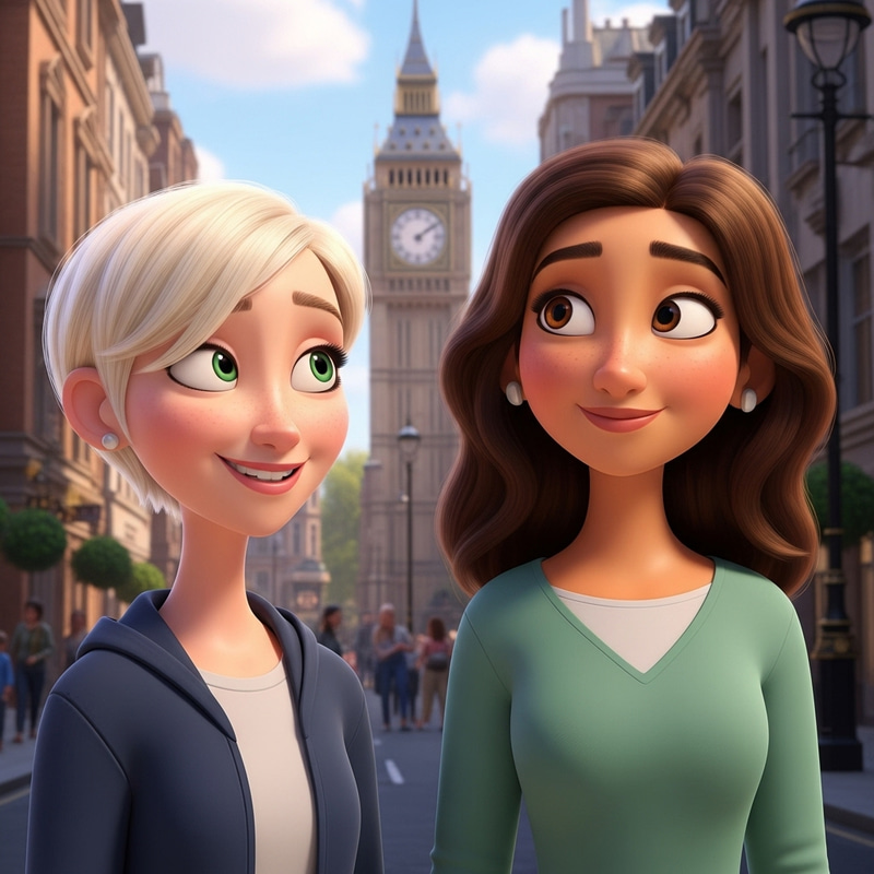 Pixar Style Image of Two Women with Unique Hairstyles in London