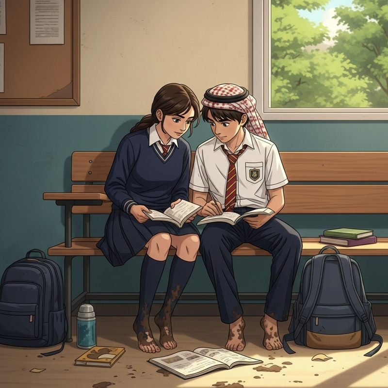 Imaginative Scene of Middle-Eastern School Duo Studying Outdoors