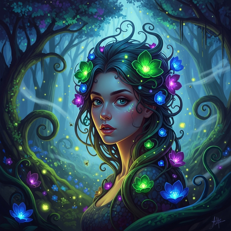 Captivating Woman in Enchanted Forest | Vibrant Fantasy Portrait