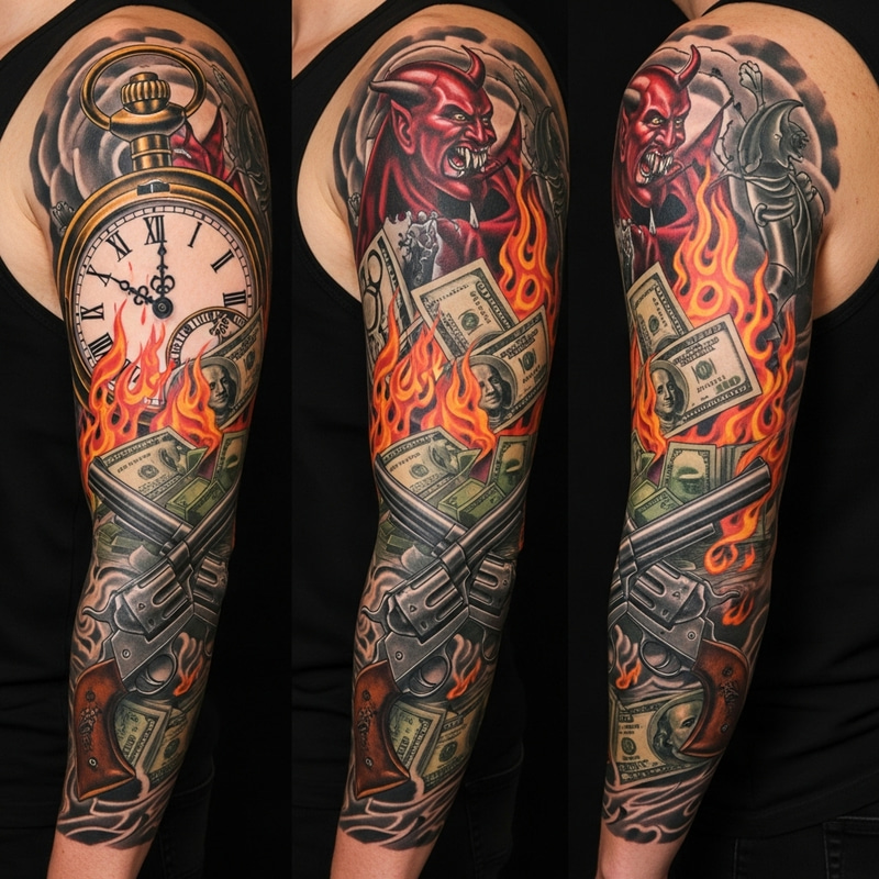 Intricate Tattoo Sleeve Design with Pocket Watch, Money, Revolvers & Devil