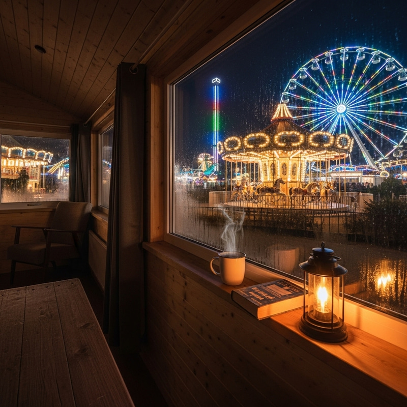 Realistic Night-time View of Wooden House Overlooking Amusement Park Realistic Night-time View of Wooden House Overlooking Amusement Park