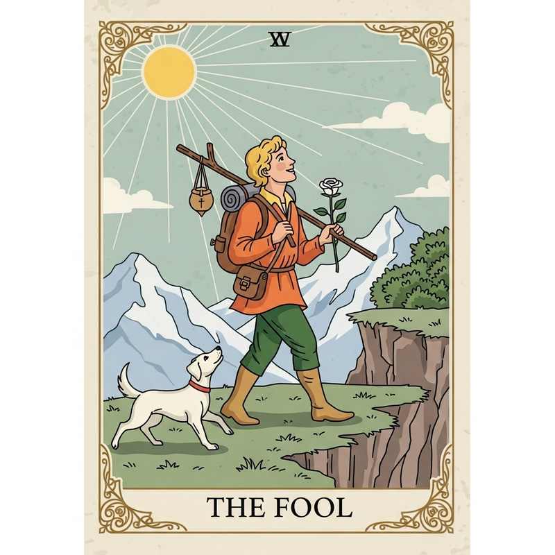 The Fool Tarot Card Illustration - Rider-Waite Style