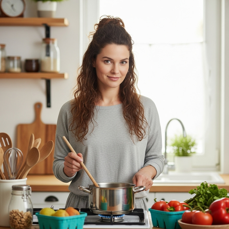 Motherly Serenity: Mid-Thirties Woman in Kitchen Cooking Motherly Serenity: Mid-Thirties Woman in Kitchen Cooking