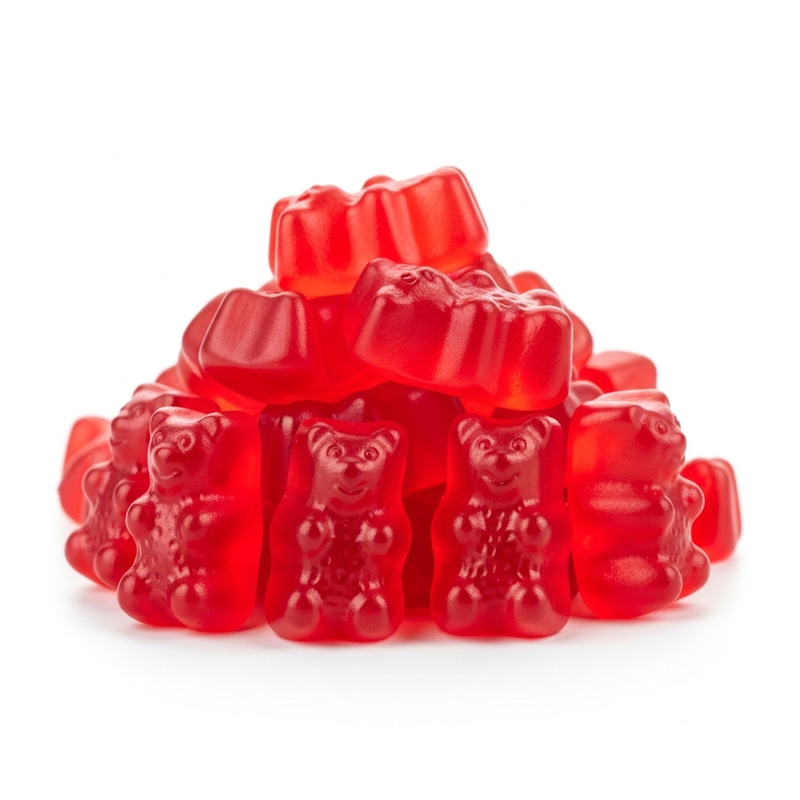Red Gummy Bears Stack on White Background | Delicious Sweet Treats Red Gummy Bears Stack on White Background | Delicious Sweet Treats
