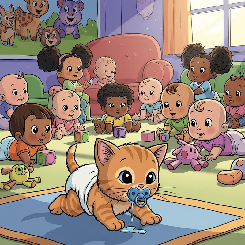 Cute Newborn Kitten Crawling with Diaper and Pacifier - Animated Cartoon Baby also Attending Daycare Cute Newborn Kitten Crawling with Diaper and Pacifier - Animated Cartoon Baby also Attending Daycare
