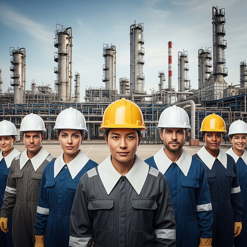 Oil Refinery Workers with White Collars | Corporate-Industrial Contrast Oil Refinery Workers with White Collars | Corporate-Industrial Contrast