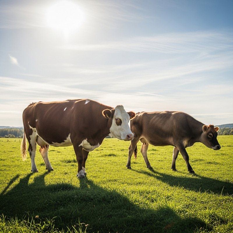 Simmental and Jersey Cows Walking in Meadow on Bright Day