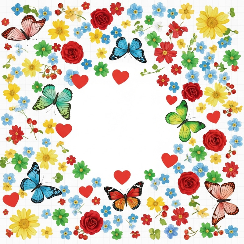 Vibrant Flowers, Colorful Butterflies & Red Hearts Vibrant Flowers, Colorful Butterflies & Red Hearts