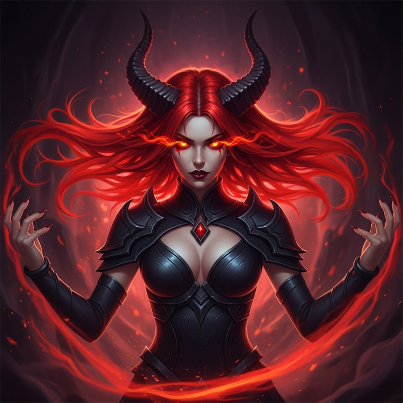 Seductive Demoness: Fiery Red Hair & Glowing Eyes Seductive Demoness: Fiery Red Hair & Glowing Eyes