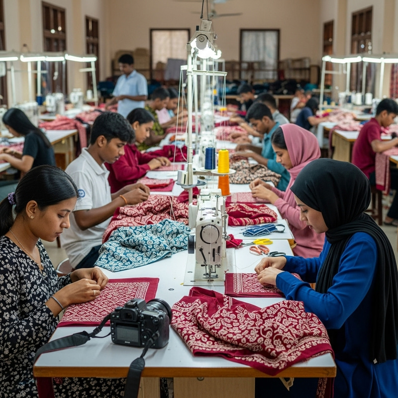 Diverse Artisans in Traditional Khmer Sewing Workshop