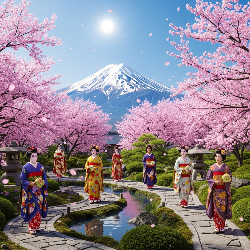 Stunning Japanese Garden with Cherry Blossoms, Geishas, and Mount Fuji View