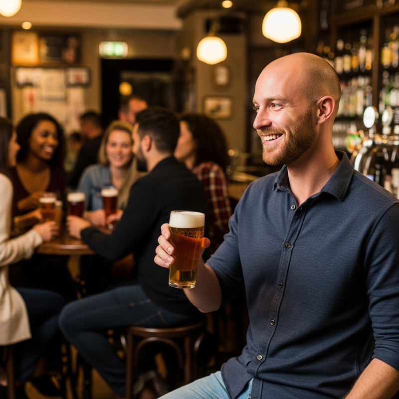 Cheerful Friends in a French-Themed Bar with Warm Ambiance