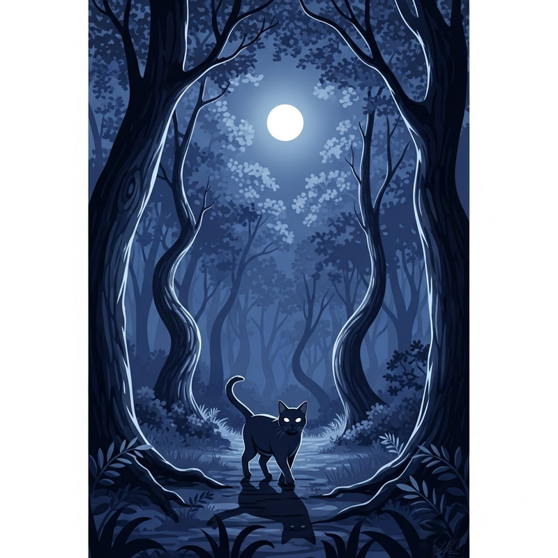 Enchanting Cat Under Moonlit Forest Canopy