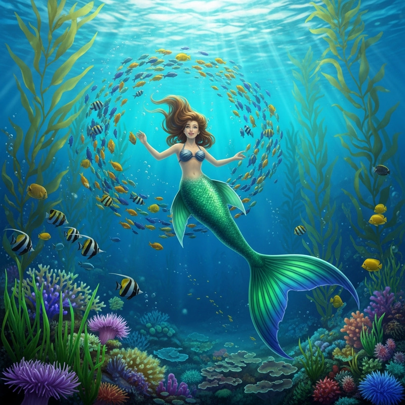 Enchanting Little Mermaid Swimming with Tropical Fish Enchanting Little Mermaid Swimming with Tropical Fish