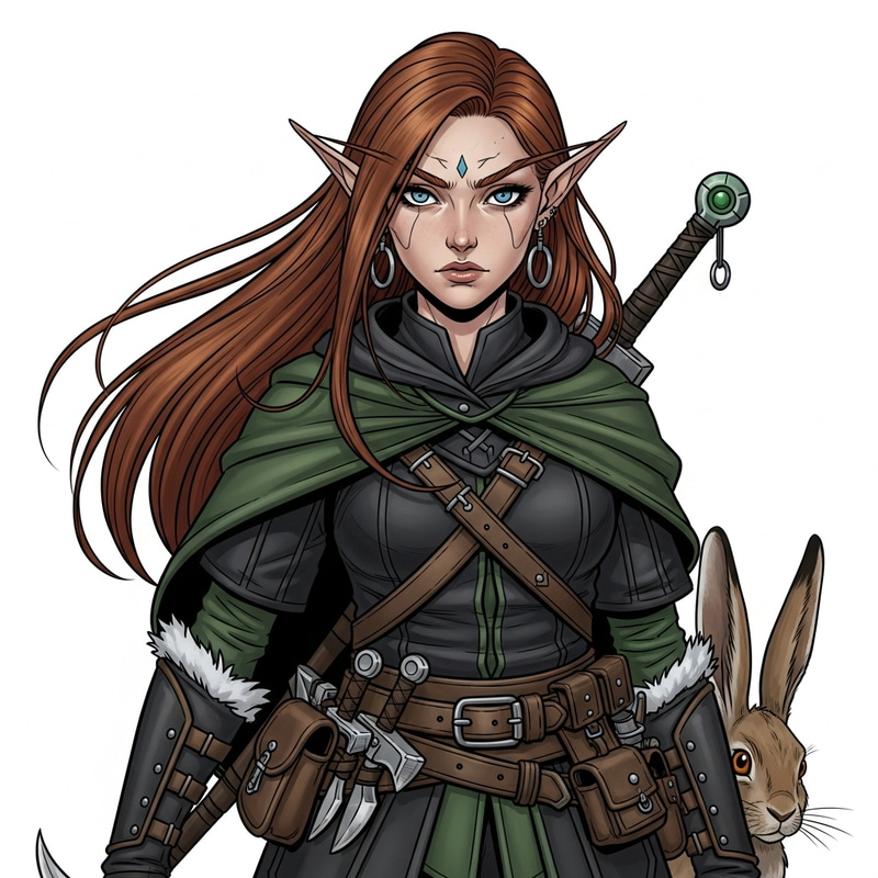 Rogue Half-Elf Girl Character Design in Woodland Setting Rogue Half-Elf Girl Character Design in Woodland Setting