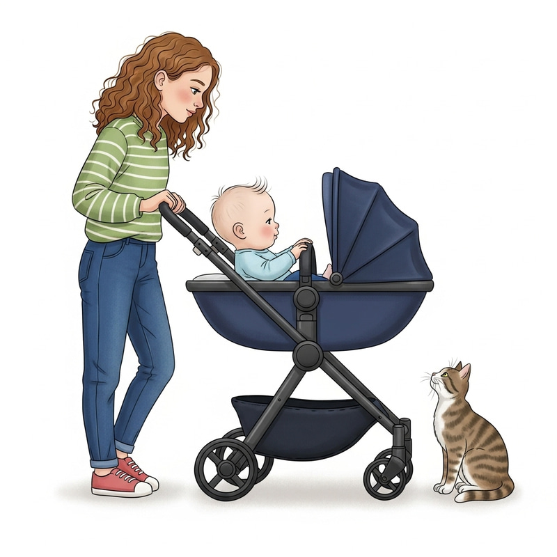 Modern Dark Blue Stroller: Play Sister, Baby Boy & Cat Interaction Modern Dark Blue Stroller: Play Sister, Baby Boy & Cat Interaction