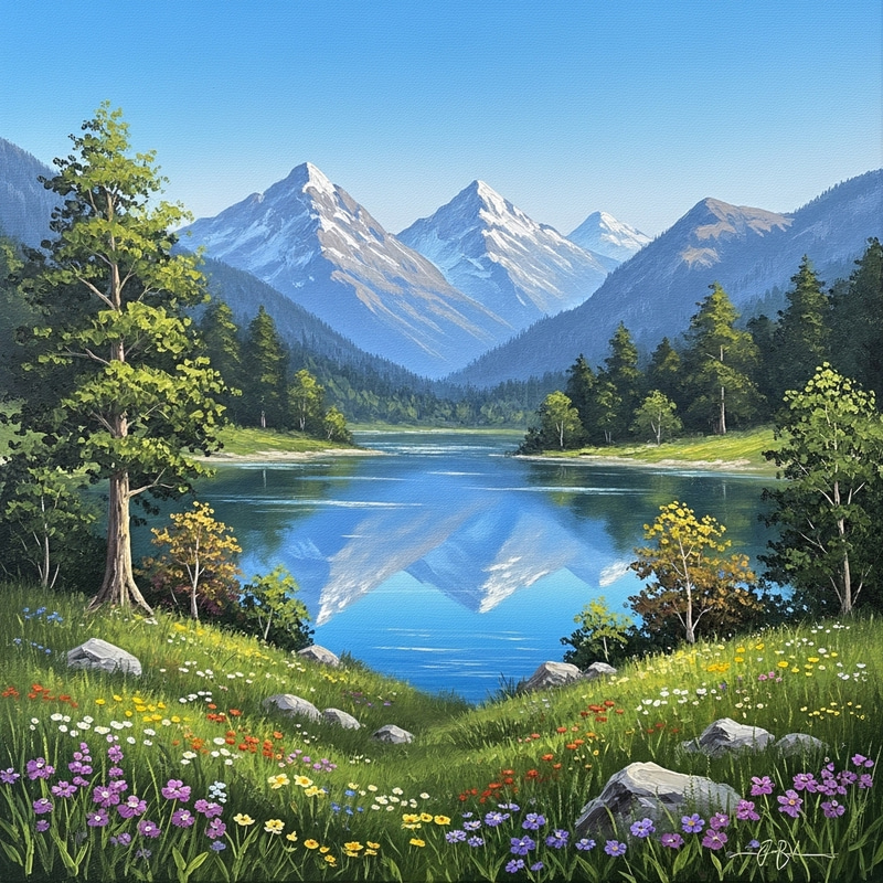 Serenity in Nature: Crystal Clear Blue Lake Landscape Painting Serenity in Nature: Crystal Clear Blue Lake Landscape Painting