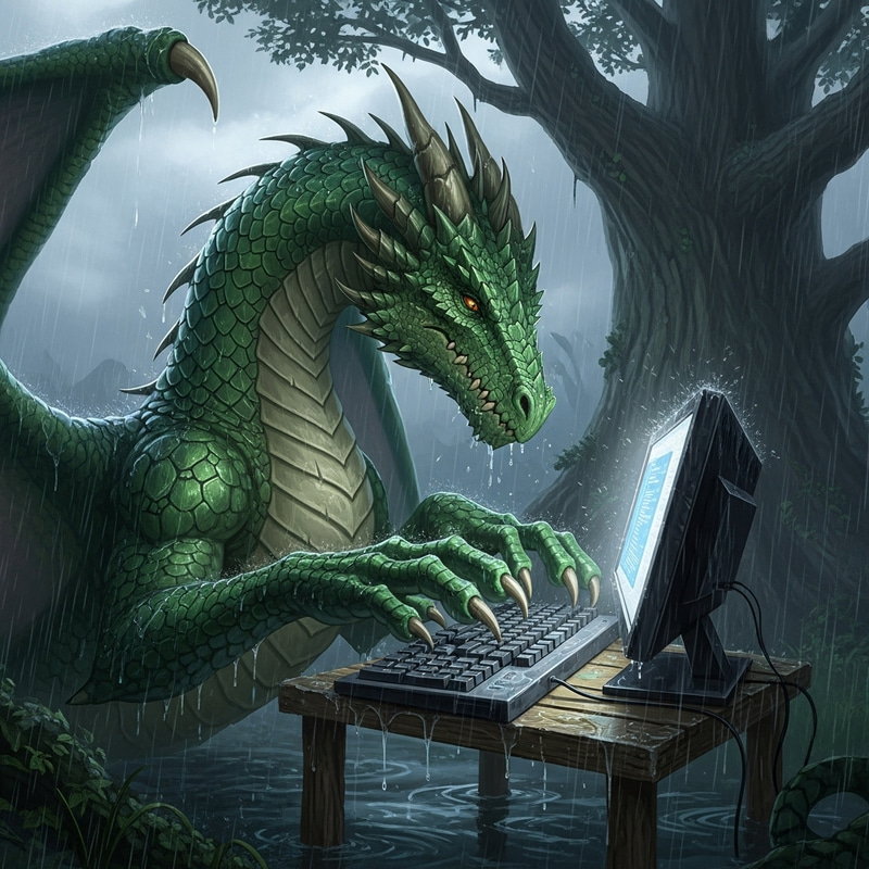 Dragon Typing in Rainy Weather - Fantasy Scene Dragon Typing in Rainy Weather - Fantasy Scene