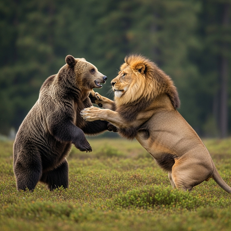 Grizzly Bear vs. African Lion in Wild Forest Encounter Grizzly Bear vs. African Lion in Wild Forest Encounter