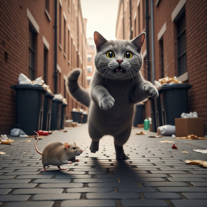 Humorous Rat Chasing Startled Gray Cat