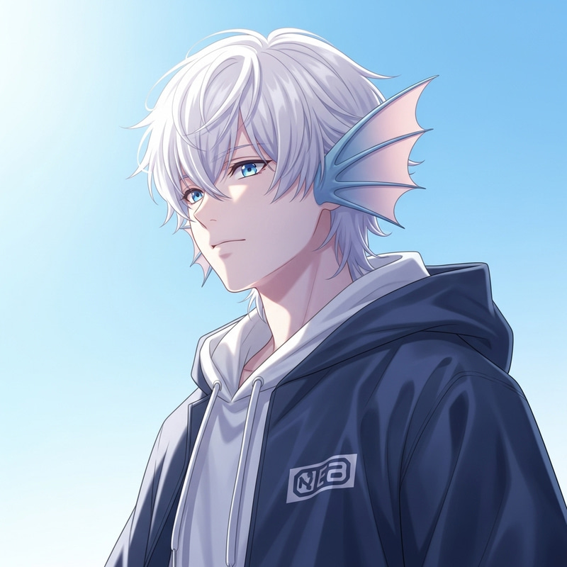 Angelically Ethereal Anime Boy: White Mullet & Fin Ears Angelically Ethereal Anime Boy: White Mullet & Fin Ears