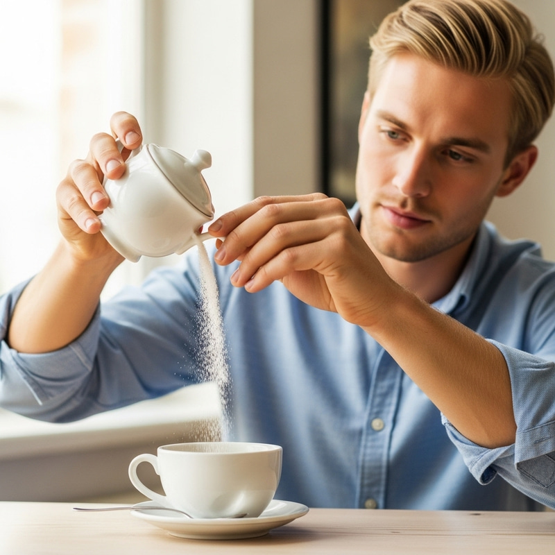 Blond Man Adding Sugar to Cup