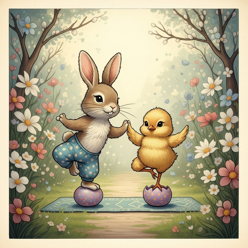 Playful Easter-themed Yoga Illustration with Bunny and Chick