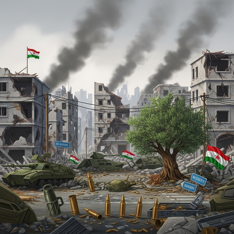 War in Gaza Illustration: Devastated Cityscape & Symbols of Hope