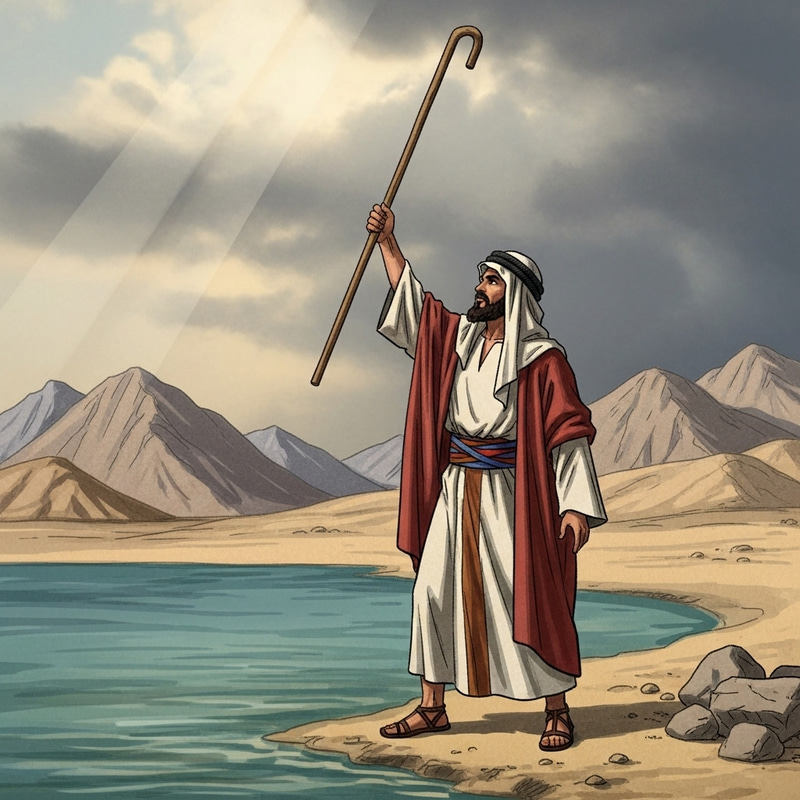 Moses in Traditional Middle-Eastern Attire at Water's Edge Moses in Traditional Middle-Eastern Attire at Water's Edge