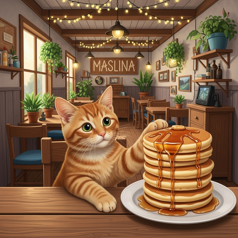 Orange Tabby Cat Enjoying Pancakes at Maslina Cafe Orange Tabby Cat Enjoying Pancakes at Maslina Cafe