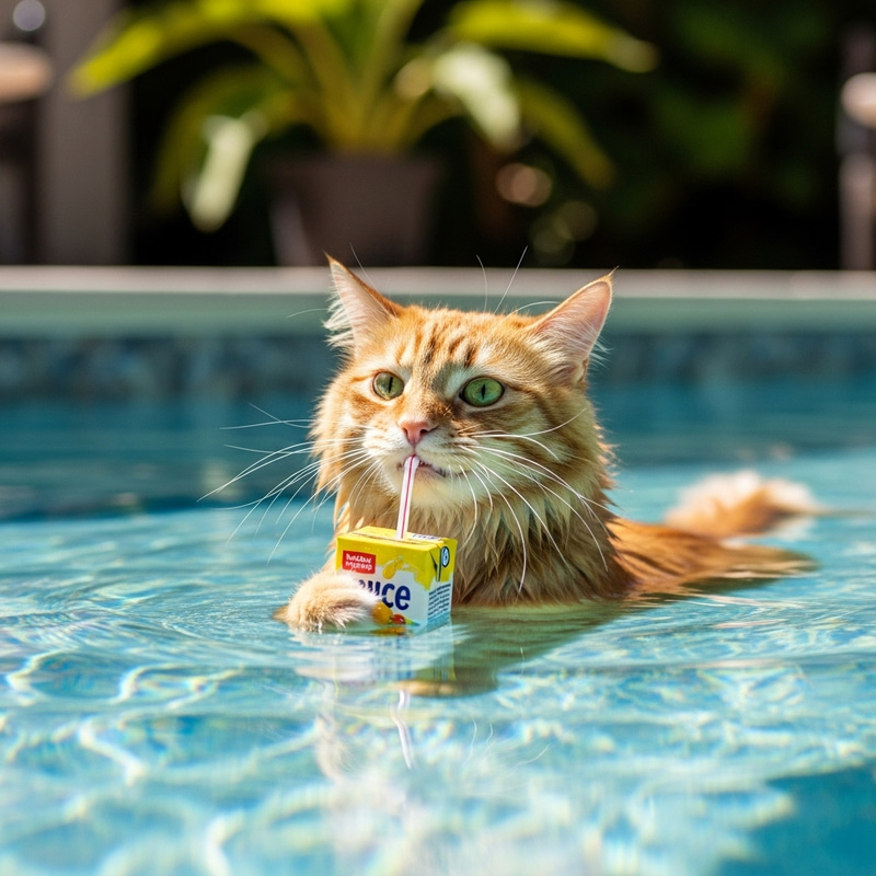 Cat Swimming in Water Drinking Juice