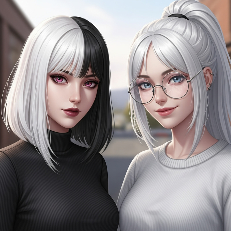 Unique Two-Tone Hair Girls with Pink-Red Eyes and Round Glasses Unique Two-Tone Hair Girls with Pink-Red Eyes and Round Glasses