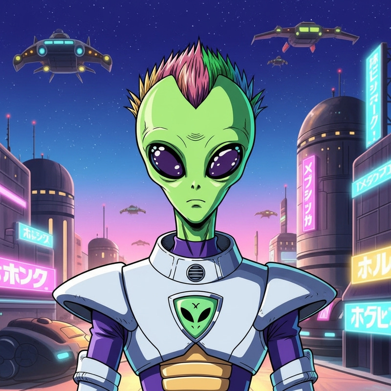 Anime Alien - Futuristic Suit & Neon Cityscape