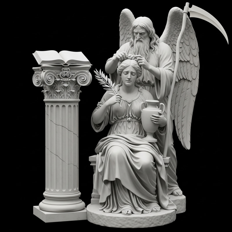 Symbolic Scene: Weeping Virgin and Old Man by Marble Monument Symbolic Scene: Weeping Virgin and Old Man by Marble Monument