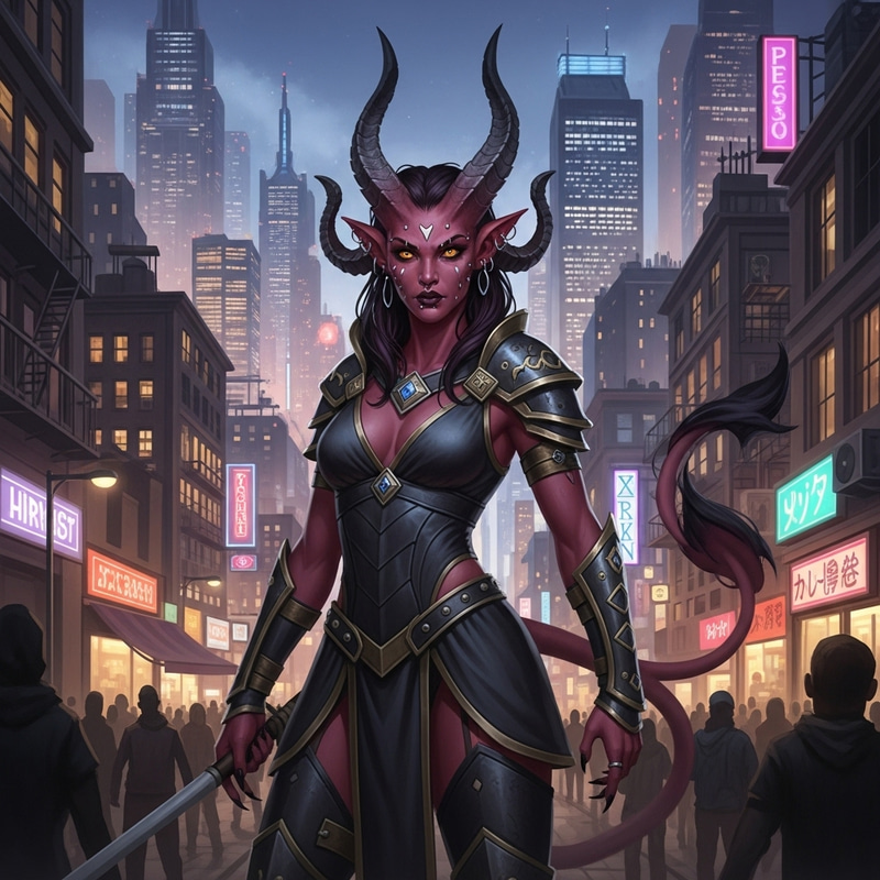 Powerful Tiefling Sorcerer in Urban City | Burgundy Skin, Golden Eyes