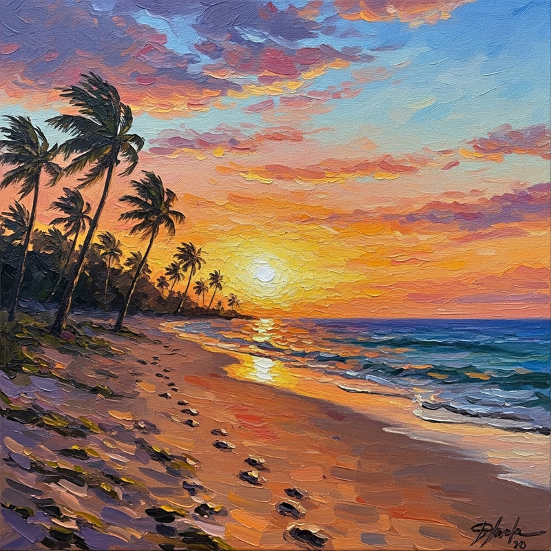 Impressionist Sunset Beach: A Serene View Impressionist Sunset Beach: A Serene View