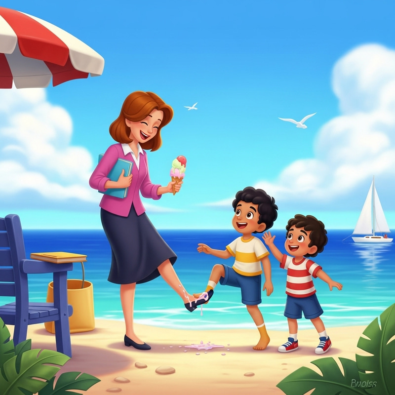 Summer Sea Fun: Teacher's Ice Cream Mishap with Laughing Students Summer Sea Fun: Teacher's Ice Cream Mishap with Laughing Students
