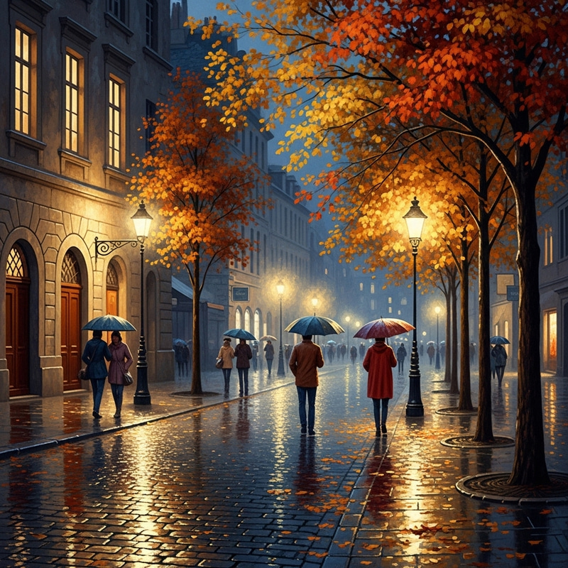Rainy European Street at Night - Fall Oil Painting Rainy European Street at Night - Fall Oil Painting
