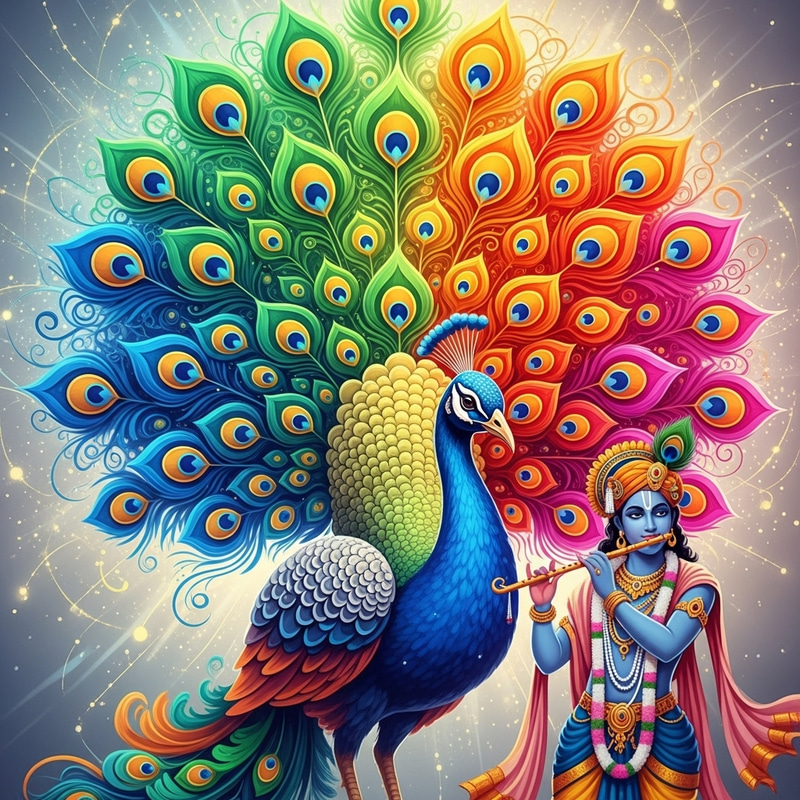 Ornate Peacock AI with Krishna Imagery Ornate Peacock AI with Krishna Imagery