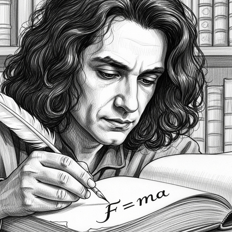 Isaac Newton Writing F=ma Equation with Curly Black Hair Isaac Newton Writing F=ma Equation with Curly Black Hair