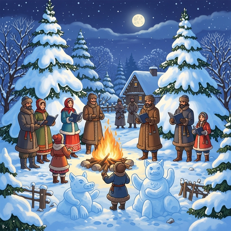 Winter Slavic Traditions: Folklore Festivities in Village Scene Winter Slavic Traditions: Folklore Festivities in Village Scene
