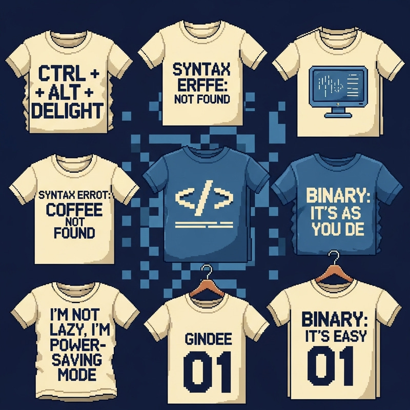 Vibrant Computer-Themed T-Shirts in Pixel Art Style
