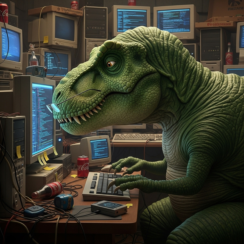 Humorous Dinosaur Uses Computer Among Many in Room Humorous Dinosaur Uses Computer Among Many in Room