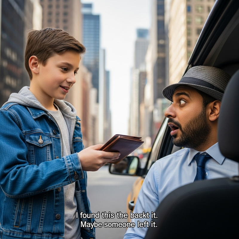 Heartwarming City Scene: Boy Returns Lost Wallet to Surprised Cab Driver