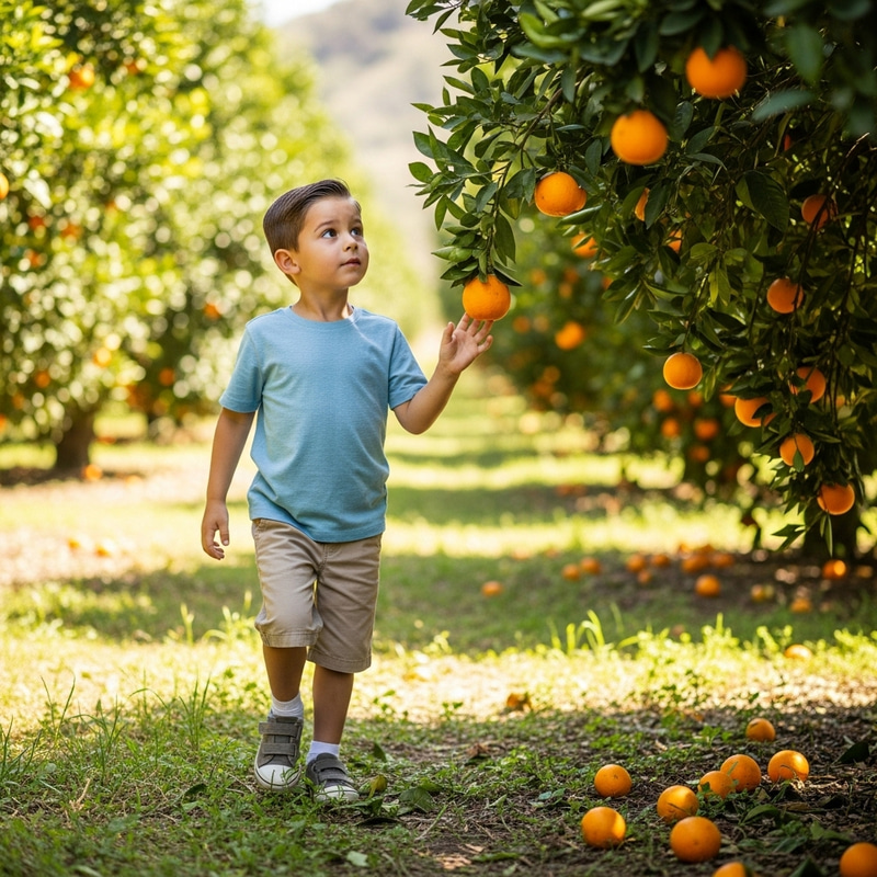 Young Boy Enjoying Citrus Trees in an Orange Orchard Young Boy Enjoying Citrus Trees in an Orange Orchard