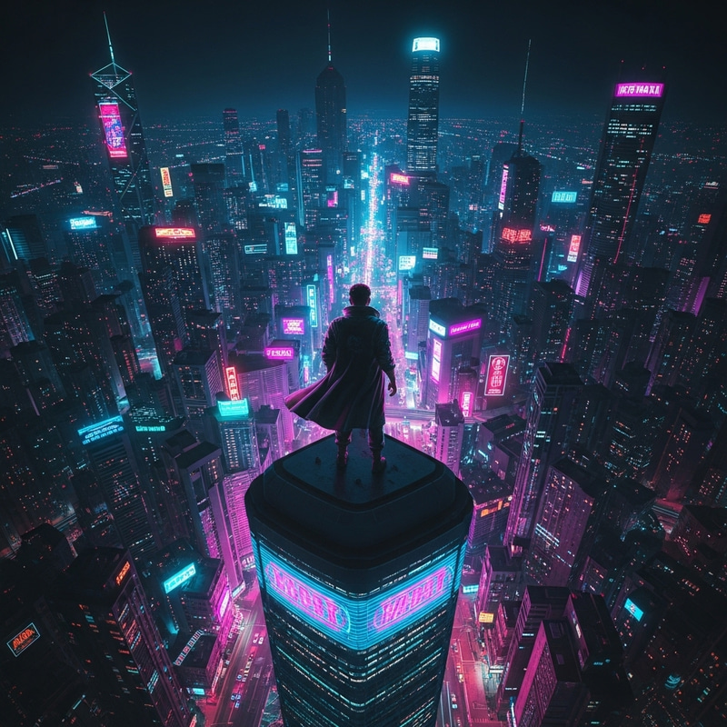 Neon Cyberpunk Cityscape - Mysterious Figure on Rooftop Neon Cyberpunk Cityscape - Mysterious Figure on Rooftop