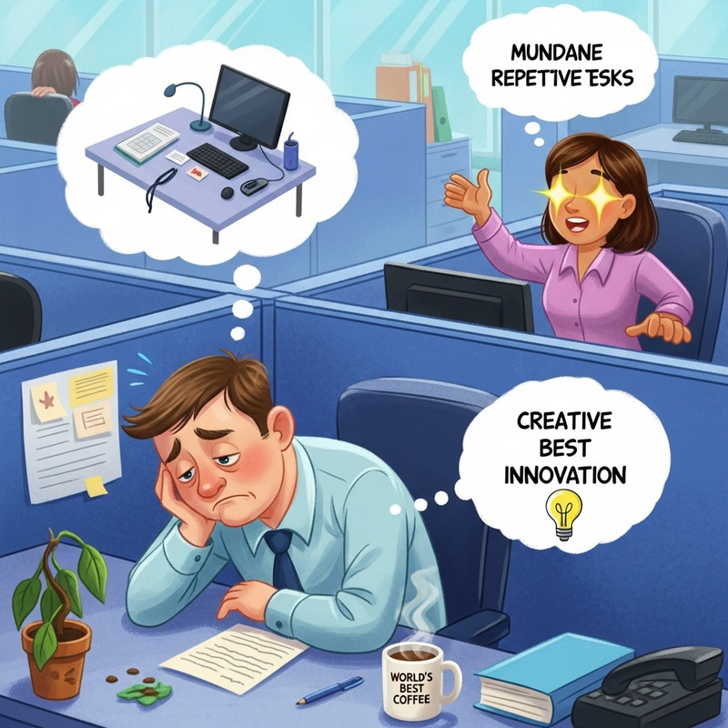 Vibrant Cartoon of an Unengaged Worker Scene Vibrant Cartoon of an Unengaged Worker Scene