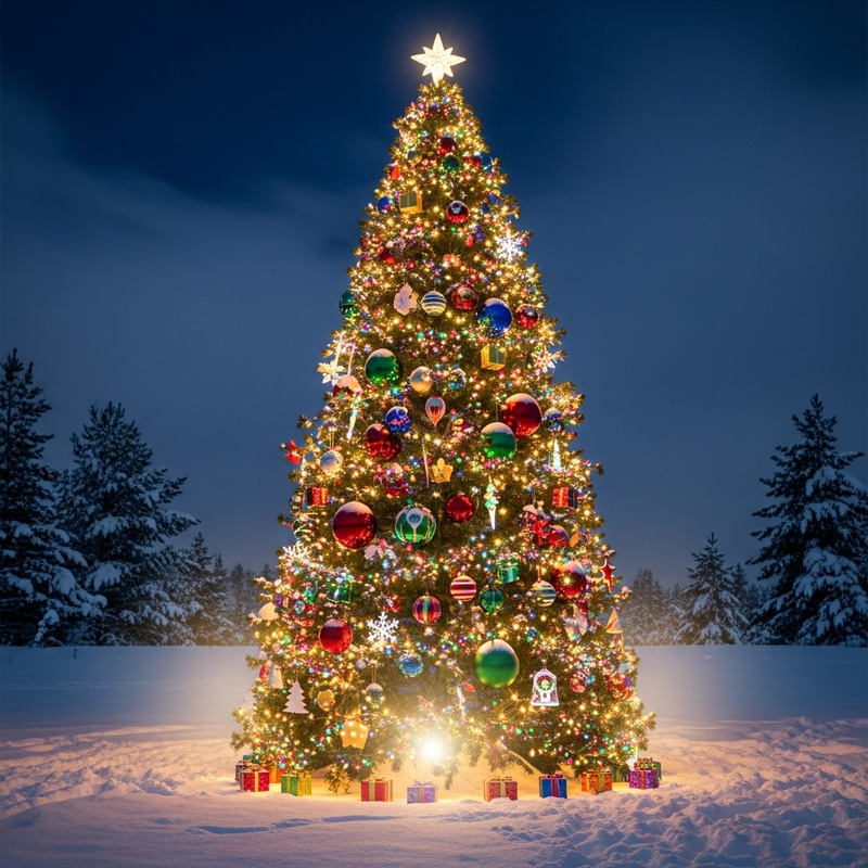 Festive New Year Tree Decoration with Colorful Ornaments and Lights