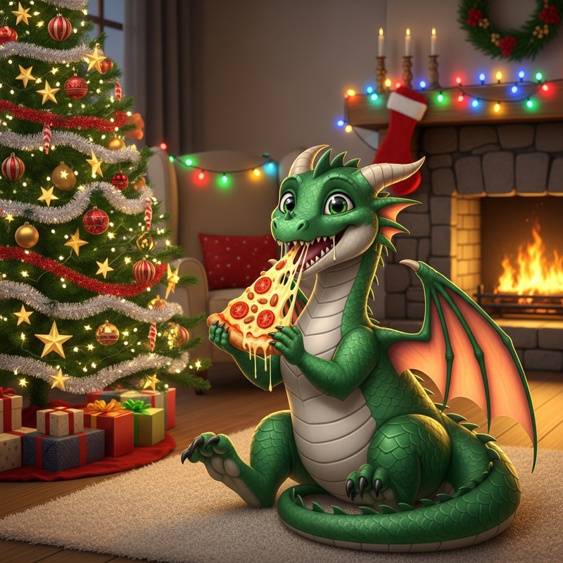 Cute Green Dragon Eating Pizza in Festive Christmas Scene