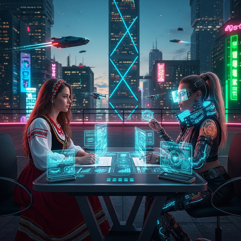 Cyberpunk Young Woman in Folklore Dress Faces Future Debate Cyberpunk Young Woman in Folklore Dress Faces Future Debate
